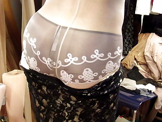 Undressing lace skirt, M&amp;S glossy 20 den tights in Champagne