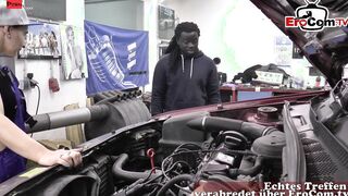 2 bimbos share a big black cock inside a vehicle workshop banged