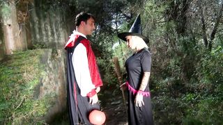 Cosplay couple is joined by stranger taking both dicks