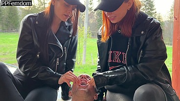 Double Femdom Human Ashtray And Spitting Outdoor With Sofi And Kira