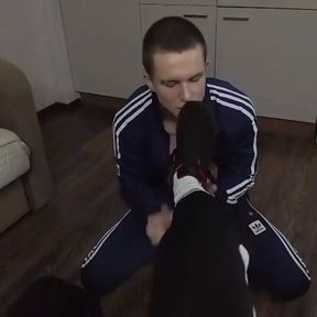 Part 1 ! My master smacks me , making me lick his sneakers and then sniff them, after which he wants me to lick his dirty socks