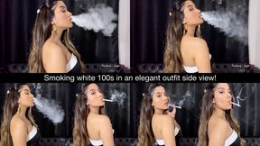 Smoking white 100s in an elegant outfit side view! Includes nose exhales