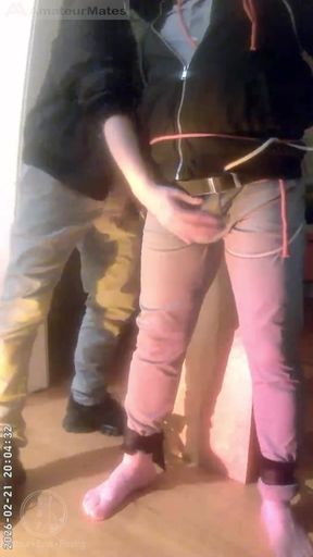 Pee Desperation: Tied up Guy Tries to Withstand While His Cock and Balls Are Played with. He Gets a Boner and Finally Wets Himself