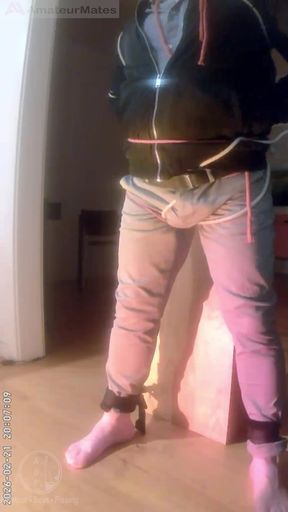 Pee Desperation: Tied up Guy Tries to Withstand While His Cock and Balls Are Played with. He Gets a Boner and Finally Wets Himself