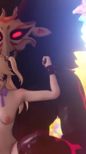 Genshin Impact's Fischl Fucked by Walking Mitachurl on a Harness Restraint Toy - Bondage Carry Fuck