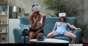 VR Trans Lesbian Fucks Petite Blonde with Ebony Lia Lin