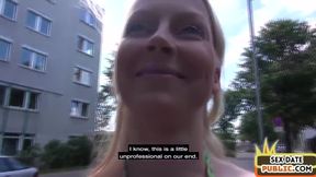 Public blonde babe pounded in 3some