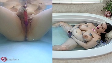 Underwater Masturbation with Split View - BBW Sydney Screams Dildo Fucks Hairy Pussy in Bathtub