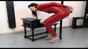 Slave in Sexy Red Latex Dress Loves Bondage