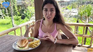 Cute Girl Eating Burger with Cum on Her Face in Public Cafe