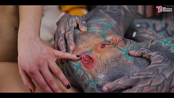 tattooed TEEN gets ASSHOLE destroyed from LESBIAN friend with STRAP ON - prolapse, GAPE, licking (goth, punk, alt porn) - ZF017