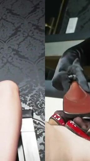 Rich lady with hat tease & denial leather paddle and extreme high heels cum feeding game