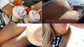 Sunny Fast Food Car Stuffing, Milkshake Chug & Belly Play in Tight Jeans