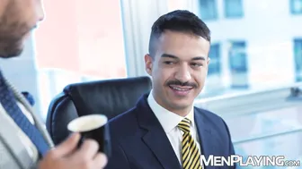 Bearded Latino hunk John Brachalli bareback fucks Jonathan Miranda in suits