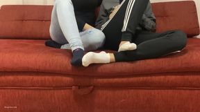 TWO GIRLS PLAYING SEXY FOOTSIE IN SOCKS BIG AND SMALL FEET - MOV MOB