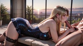 shiny blue latex siren moans riding wild under golden hour sky