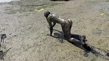 Estuary Mud Girl Playing in the Nude (WAM, Wet and Messy)