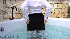 personal assistant in pencil skirt and nylon stockings having a sex pool party with the boss - business-bitch