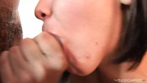 A black guy picks up the white brunette to plow her with his