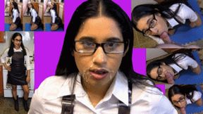 eRica throats a cock and gets blasted with cum while wearing her tight leather dress
