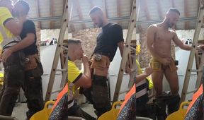 Tradie lad drops to his knees deep throat ruined with cum