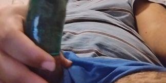 Guy Vibrating With Green Condom Til He Cums !!!