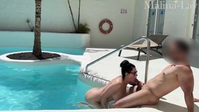 at the nudist pool, foreign sperm swallowed