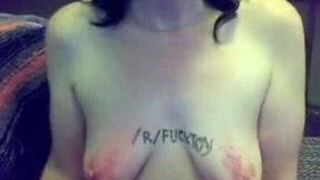 Saggy tittied webcam whore slaps her nipples with ping pong racket