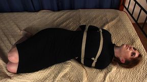 Tonya: barefoot girl in black dress, hogtied with hemp rope, is getting her feet oiled and tickled by the man (HD MOV)