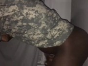 Black soldier rides dildo and cums pt 3