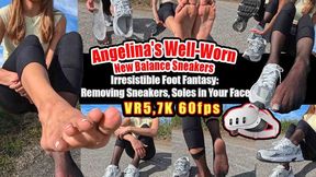 VR 3D 5,7K 180 60 fps | Angelina's Well-Worn New Balance Sneakers – Sweaty, Broken-In, Cheesy Foot Scent | Fishnet Socks, Soaked Insoles, Footprint Close-Ups | Taking Off Sneakers, Stretching Feet Right Into Your Face | Sweaty Feet VR 5,7K Clip