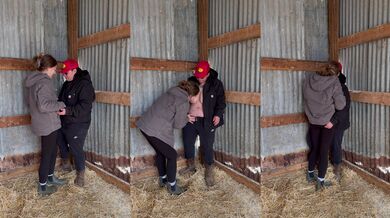 Lesbian farmers kiss in the barn show big boobs and passion