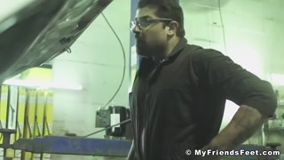 Swety inked mechanics feet worshiped by businessman hunk