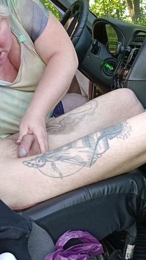 in the car in the parking lot, my mother-in-law jerks off my dick until I cum   Clip 1