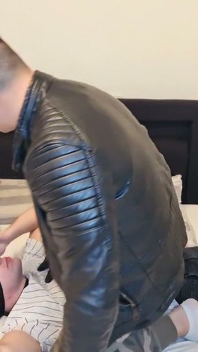 19y.o. boy used: Deepthroating and fucking my boy hard wearing a leather jacket and leather gloves   Clip 1