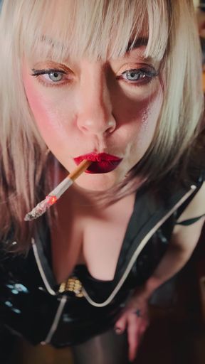 Miss Tina Snua Dressed In PVC &amp; Smoking A Cork Cigarette With Lots Of Dangling, Snap Inhales, OMI &amp; OME