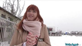 German redhead blows and flashes in public