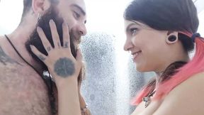 Tattooed babe Iron-biker gets pounded in the shower, faces cumshot