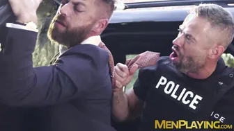 Muscular cop Leo Bacchus barebacks and breeds hairy bottom Only Matt outdoors