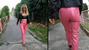 Walking in creaky pink pvc pants in public