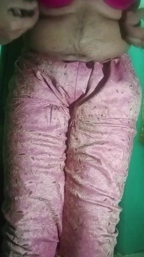 Indian Gay Crossdresser Wife Gaurisissy in Pink Salwar Kurta Pressing Her Big Boobs