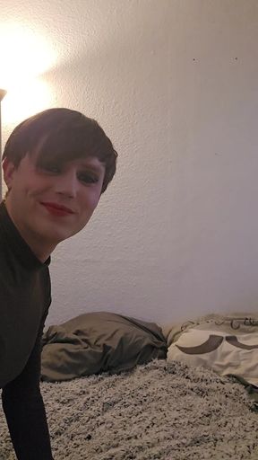 Sissy enjoys her new food side by showing her little butt in Pantyhose and red Pantie