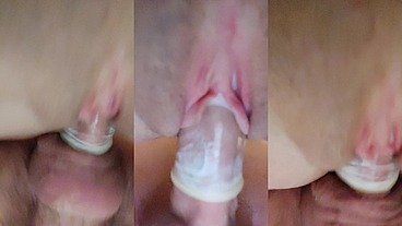 Close-up tight pussy fuck by big cock with condom