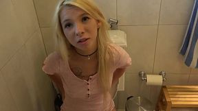 Blonde teen didn't expect her stepbro to come into the bathroom while she was peeing