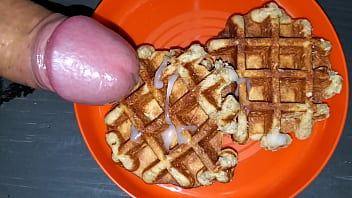 Some waffles with my cock syrup for breakfast.