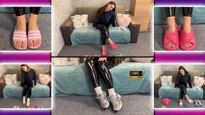 Cute Girl in Patent Leather Pants Teases Legs 1080 - Foot Fetish - Slippers - Sexy Feet - Foot Worship - Long Hair - Toes - Foot Domination - MILF - Leather Pants - Dangling - Leggings