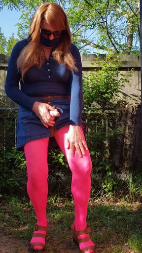 Epic moment from "Cd outdoors, feeling myself, masturbate and cum in my nylon pantyhose and miniskirt."