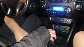 Mature stepmom teases her stepson in the car, in public, with her sexy legs in stockings