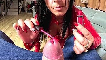 Shiny Red PVC Dress – Smoking Blowjob and Messy Lipstick Play