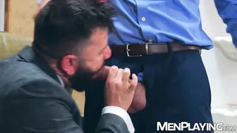 Bearded hunk Joe Gillis barebacks party planner Leo Grin in suit